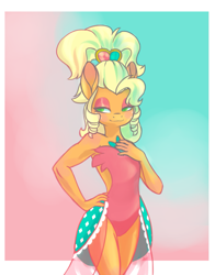 Size: 1255x1600 | Tagged: safe, artist:anvalina, applejack, earth pony, anthro, g4, my little pony: friendship is magic, simple ways, abstract background, alternate hairstyle, applejewel, bare shoulders, bedroom eyes, clothes, dress, featured image, female, freckles, gradient background, hand on hip, leotard, lidded eyes, mare, no pupils, open-back dress, sexy, solo