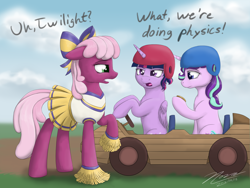 Size: 2828x2121 | Tagged: safe, artist:novaintellus, cheerilee, starlight glimmer, twilight sparkle, alicorn, earth pony, pony, unicorn, g4, my little pony: friendship is magic, the cart before the ponies, cheerileeder, cheerleader, dialogue, featured image, female, helmet, horn, kart, mare, nerd pony, open mouth, physics, raised hoof, trio, trio female, twilight sparkle (alicorn), watch