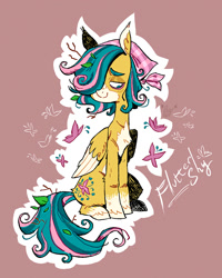 Size: 1080x1350 | Tagged: safe, artist:batzy-artz, part of a set, fluttershy, butterfly, pegasus, pony, g4, alternate cutie mark, alternate design, alternate hairstyle, alternate mane color, alternate tail color, alternate tailstyle, bags under eyes, bandana, bonnet, chest fluff, coat markings, colored belly, colored eyebrows, colored pinnae, colored wings, colored wingtips, cream wingtips, ear tufts, eyeshadow, facial markings, female, folded wings, hair over one eye, hock fluff, leaves, leaves in hair, leaves in mane, leaves in tail, looking away, makeup, mare, mealy mouth (coat marking), messy mane, name, no catchlights, no pupils, outline, pale belly, pink background, redesign, short hair fluttershy, signature, simple background, sitting, smiling, socks (coat markings), solo, stick in tail, sticks in hair, tail, teal eyes, teal mane, three toned mane, tired, tired eyes, turned head, twigs in hair, twigs in tail, two toned wings, unshorn fetlocks, white text, wings, yellow coat, yellow eyeshadow, yellow wingtips