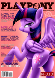 Size: 2059x2912 | Tagged: safe, artist:pshyzomancer, twilight sparkle, alicorn, pony, g4, bedroom eyes, butt, dock, female, horn, implied octavia melody, looking at you, mare, playboy, playpony, plot, solo, tail, twibutt, twilight sparkle (alicorn), wings