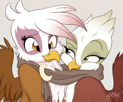 Size: 2100x1750 | Tagged: safe, artist:bluefeathercat, gilda, greta, griffon, g4, clothes, cute, female, gildadorable, grelda, gretadorable, lesbian, looking at each other, looking at someone, scarf, shared clothing, shared scarf, shipping, simple background, smiling