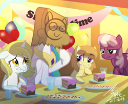 Size: 1100x892 | Tagged: safe, artist:blackgryph0n, artist:bluse, cheerilee, princess celestia, oc, alicorn, earth pony, pony, unicorn, g4, bag, bag on head, balloon, cake, cakelestia, cheerilee is not amused, cookie, disguise, face on a bag, female, filly, foal, food, fork, glass of water, horn, jewelry, literal paper thin disguise, paper bag, paper-thin disguise, party, regalia, seems legit, show accurate, signature, table, unamused, water