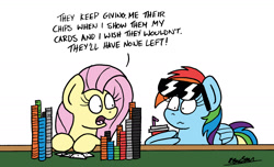 Size: 2020x1232 | Tagged: safe, artist:bobthedalek, fluttershy, rainbow dash, pegasus, pony, g4, casino, cute, dialogue, drink, duo, female, gambling, mare, newbie artist training grounds, painfully innocent fluttershy, playing card, poker, poker chips, pokershy, shyabetes, sunglasses, wing hands, wings