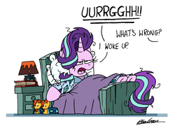 Size: 2117x1528 | Tagged: safe, artist:bobthedalek, starlight glimmer, pony, unicorn, g4, annoyed, bed, bed mane, board game, clothes, dialogue, dragon pit, female, groan, horn, implied shipping, implied starburst, implied straight, implied sunburst, lamp, messy mane, morning ponies, offscreen character, pajamas, simple background, slippers, solo, themed slippers, white background