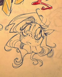 Size: 640x797 | Tagged: safe, artist:batzy-artz, fluttershy, pegasus, pony, g4, big eyes, crying, eyelashes, female, floppy ears, hatching (technique), head only, irl, looking away, looking up, mare, monochrome, pen drawing, photo, sketch, solo, traditional art, wings, wings down