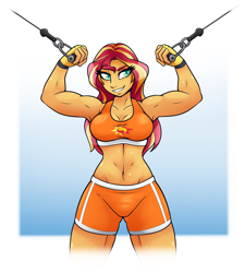 Size: 1024x1138 | Tagged: safe, artist:ambris, sunset shimmer, human, equestria girls, g4, abs, abstract background, adorasexy, armpits, athletic, beautiful, beautisexy, belly, belly button, biceps, breasts, busty sunset shimmer, cleavage, clothes, commission, confident, cute, cutie mark, cutie mark on clothes, eyebrows, female, fingerless gloves, gloves, gradient background, gym shorts, midriff, multicolored hair, muscles, muscular female, raised eyebrow, sexy, shorts, solo, sports bra, sunset lifter, teeth, thighs, underass, workout, workout outfit, yellow skin