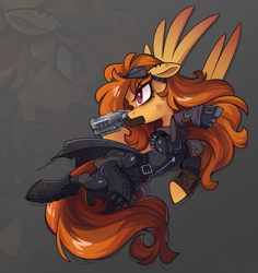 Size: 2525x2672 | Tagged: safe, artist:crimmharmony, oc, oc only, oc:pumpkin spice, pegasus, pony, fallout equestria, armor, clothes, ears back, female, flying, goggles, gradient background, gun, looking away, mare, mouth grip gun, orange hair, pegasus oc, pipbuck, red eyes, shoes, solo, spread wings, weapon, wings