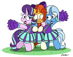 Size: 2697x2088 | Tagged: safe, artist:bobthedalek, starlight glimmer, sunburst, trixie, pony, unicorn, 2 4 6 greaaat, g4, my little pony: friendship is magic, season 9, bipedal, blaze (coat marking), blushing, bow, cheerleader, cheerleader outfit, cheerleader starlight, cheerleader sunburst, cheerleader trixie, clothes, coat markings, crossdressing, cute, diatrixes, embarrassed, facial markings, female, fighting over boy, glimmerbetes, horn, male, male cheerleader, mare, pom pom, shrunken pupils, skirt, socks (coat markings), stallion, sunbetes, sunburst gets all the mares, trio