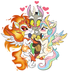 Size: 1128x1193 | Tagged: safe, artist:stepandy, daybreaker, discord, princess celestia, alicorn, draconequus, pony, a royal problem, g4, my little pony: friendship is magic, season 7, blushing, chibi, crown, cute, cutelestia, diabreaker, discord gets all the mares, discute, duality, ear fluff, female, heart, helmet, jewelry, lucky bastard, male, mare, regalia, scrunchy face, ship:disbreaker, ship:dislestia, shipping, simple background, smiling, spread wings, squishy cheeks, straight, transparent background, watermark, wings