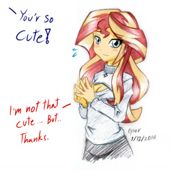 Size: 1200x1206 | Tagged: safe, artist:operationmank, sunset shimmer, human, equestria girls, g4, blatant lies, blushing, boob window, breasts, cleavage, clothes, cute, female, grammar error, i'm not cute, keyhole turtleneck, misspelling, modesty, open-chest sweater, shimmerbetes, solo, sweater, turtleneck