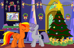 Size: 1532x999 | Tagged: safe, artist:star-armour95, maud pie, oc, oc:angus, g4, christmas, christmas tree, female, holiday, indoors, kissing, male, present, tree, wreath