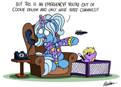 Size: 2333x1668 | Tagged: oc name needed, safe, artist:bobthedalek, gameloft, trixie, oc, pony, unicorn, g4, my little pony: magic princess, alternate hairstyle, baby, baby pony, babysitter trixie, babysitting, beady eyes, chair, clothes, duo, duo female, eyelashes, female, foal, gameloft interpretation, glowing, glowing horn, hoodie, hoof hold, horn, inconvenient trixie, levitation, magic, magic aura, magic wand, mare, phone, pigtails, playpen, raised hoof, remote, remote control, signature, sitting, solo, telekinesis, television remote