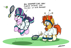 Size: 2691x1815 | Tagged: safe, artist:bobthedalek, starlight glimmer, sunburst, pony, unicorn, g4, accidental exposure, ball, clothes, duo, eyes on the prize, female, horn, hornboner, implied shipping, implied starburst, implied straight, jumping, looking at butt, male, mare, open mouth, ship:starburst, shipping, shirt, skirt, sports, stallion, straight, sweat, sweatband, tennis, tennis ball, tennis racket, upskirt, we don't normally wear clothes