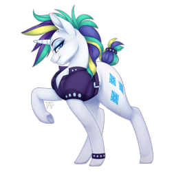 Size: 2000x2000 | Tagged: safe, artist:mittz-the-trash-lord, rarity, pony, unicorn, g4, it isn't the mane thing about you, my little pony: friendship is magic, alternate hairstyle, clothes, eyeshadow, female, horn, looking at you, makeup, mare, punk, raised hoof, raripunk, short hair, simple background, smiling, solo, transparent background