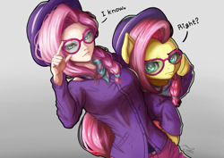 Size: 1529x1080 | Tagged: safe, artist:the-park, fluttershy, human, pegasus, pony, fake it 'til you make it, g4, my little pony: friendship is magic, alternate hairstyle, duo, female, hipstershy, human ponidox, humanized, looking at you, mare, self paradox, self ponidox, simple background