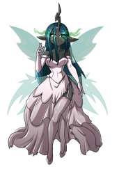 Size: 2025x2961 | Tagged: safe, artist:danmakuman, queen chrysalis, changeling, changeling queen, fairy, anthro, g4, breasts, bride, butterfly wings, cleavage, clothes, dress, evening gloves, female, garter belt, garters, gloves, glowing, glowing eyes, high heels, long gloves, shoes, socks, solo, stockings, thigh highs, wedding dress, wings