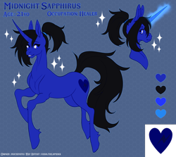 Size: 4030x3592 | Tagged: safe, artist:emalajissda, oc, oc only, oc:midnight sapphirus, pony, unicorn, commission, female, glowing, glowing horn, horn, mare, reference sheet, solo