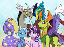 Size: 2606x1928 | Tagged: safe, artist:inuhoshi-to-darkpen, discord, starlight glimmer, thorax, trixie, changedling, changeling, draconequus, pony, unicorn, g4, my little pony: friendship is magic, season 6, to where and back again, :<, :t, accessory theft, cape, changeling king, clothes, ear fluff, eyebrows, female, floppy ears, fluffy, frown, group, hat, horn, king thorax, looking down, male, mare, open mouth, patreon, patreon logo, poking, quartet, raised eyebrow, reformed four, smiling, spread wings, trixie's cape, trixie's hat, unamused, unshorn fetlocks, wide eyes, wings