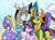 Size: 2606x1928 | Tagged: safe, artist:inuhoshi-to-darkpen, discord, starlight glimmer, thorax, trixie, changedling, changeling, draconequus, pony, unicorn, g4, my little pony: friendship is magic, season 6, to where and back again, :<, :t, accessory theft, cape, changeling king, clothes, ear fluff, eyebrows, female, floppy ears, fluffy, frown, group, hat, horn, king thorax, looking down, male, mare, open mouth, patreon, patreon logo, poking, quartet, raised eyebrow, reformed four, smiling, spread wings, trixie's cape, trixie's hat, unamused, unshorn fetlocks, wide eyes, wings