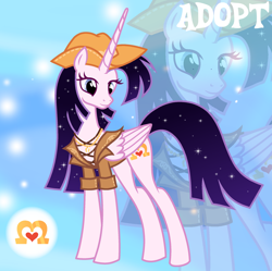 Size: 1280x1277 | Tagged: safe, artist:vi45, oc, oc only, alicorn, pony, adoptable, alicorn oc, base used, clothes, colored eyelashes, concave belly, cowboy hat, ethereal mane, ethereal tail, eyelashes, female, female oc, folded wings, gradient background, hat, horn, jewelry, long horn, magenta eyelashes, mare, mare oc, necklace, pink coat, purple eyes, purple mane, purple tail, slender, smiling, solo, standing, starry mane, starry tail, stetson, straight mane, straight tail, tail, thin, three quarter view, turned head, unicorn horn, vest, wings, zoom layer