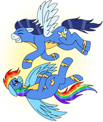 Size: 1723x2045 | Tagged: safe, artist:enigmaticfrustration, edit, rainbow dash, soarin', pegasus, pony, g4, clothes, duo, duo male and female, female, flying, male, mare, ship:soarindash, shipping, stallion, straight, uniform, wonderbolts, wonderbolts uniform