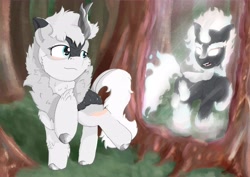 Size: 4960x3508 | Tagged: safe, artist:avacz, oc, kirin, nirik, cute, fire, forest, horn, kirin oc, kirin-ified, magic, mirror, nature, outdoors, reflection, shiny, smiling, species swap, tree