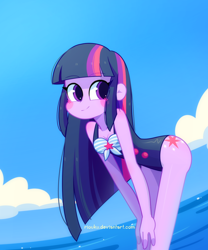 Size: 1100x1320 | Tagged: safe, artist:riouku, twilight sparkle, human, equestria girls, g4, clothes, cloud, cute, cutie mark on human, female, ocean, one-piece swimsuit, sky, smiling, solo, swimsuit, twiabetes, water