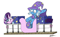 Size: 2337x1441 | Tagged: safe, artist:bobthedalek, starlight glimmer, trixie, pony, unicorn, g4, assistant, bipedal, box, box sawing trick, clothes, duo, female, horn, inconvenient, inconvenient trixie, long glimmer, long pony, lore, magic, magic show, magic trick, mare, meme, mistakes were made, not salmon, origin story, shoes, simple background, wat, white background, you had one job