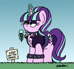 Size: 1463x1380 | Tagged: safe, artist:bobthedalek, starlight glimmer, pony, unicorn, g4, belt, choker, clothes, edgelight glimmer, eyeshadow, female, first world anarchist, food, fuck the police, horn, ice cream, jacket, keep off the grass, levitation, magic, makeup, mare, pure unfiltered evil, rule breaking, sign, spiked choker, teenage glimmer, telekinesis, thug life, tongue out