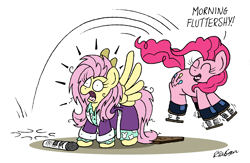 Size: 2437x1591 | Tagged: safe, artist:bobthedalek, fluttershy, pinkie pie, earth pony, pegasus, pony, g4, bathrobe, bed mane, clothes, duo, female, mare, morning ponies, newbie artist training grounds, newspaper, pajamas, robe, shrunken pupils, springs, startled