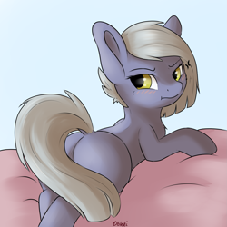 Size: 2449x2449 | Tagged: safe, artist:dbleki, limestone pie, earth pony, pony, g4, :t, angry, back, blush lines, blushing, butt, covering, cross-popping veins, cute, dock, emanata, female, fluffy, leaning, limabetes, limestonebutt, looking back, lying down, madorable, mare, plot, prone, solo, tail, tail covering