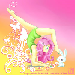 Size: 2449x2449 | Tagged: safe, artist:minusclass, angel bunny, fluttershy, human, rabbit, equestria girls, g4, animal, armpits, backbend, barefoot, blushing, clothes, contortionist, dance party, feet, female, flexible, gymnastics, leotard, nail polish, solo, toenail polish