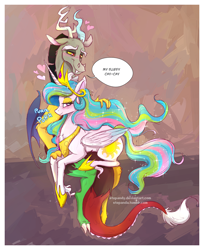 Size: 1100x1347 | Tagged: safe, artist:stepandy, discord, princess celestia, classical unicorn, draconequus, unicorn, dungeons and discords, g4, my little pony: friendship is magic, behaving like a cat, blushing, cay-cay, chest fluff, cloven hooves, cute, cutelestia, female, heart, horn, leonine tail, male, petting, pinklestia, purring, ship:dislestia, shipping, straight, unshorn fetlocks