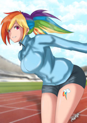 Size: 1200x1692 | Tagged: safe, artist:fenrox, rainbow dash, human, g4, alternative cutie mark placement, big breasts, breasts, busty rainbow dash, clothes, cutie mark on human, female, humanized, running track, shorts, solo, tracksuit