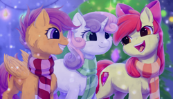 Size: 2000x1150 | Tagged: safe, artist:peachmayflower, apple bloom, scootaloo, sweetie belle, earth pony, pegasus, pony, unicorn, g4, adorabloom, bow, christmas, christmas lights, clothes, cute, cutealoo, cutie mark, cutie mark crusaders, diasweetes, female, filly, fluffy, foal, grin, hair bow, holiday, horn, open mouth, scarf, smiling, snow, snowfall, the cmc's cutie marks, trio