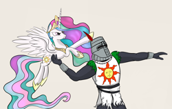 Size: 3084x1944 | Tagged: safe, artist:buttfondler, princess celestia, alicorn, human, pony, g4, angry, crossover, cute, cutelestia, dark souls, duo, epic wife tossing, fastball special, female, frown, glare, holding a pony, mare, pointing, pose, praise the sun, serious, simple background, size difference, solaire of astora, spread wings, white background, wings