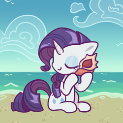 Size: 1920x1920 | Tagged: safe, artist:croustillon, rarity, g4, beach, eyes closed, listening, ocean, seashell, sitting, smiling, solo, water