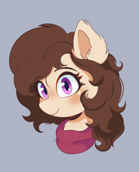 Size: 4250x5250 | Tagged: safe, artist:beachedblooms, oc, oc:wind chill, pony, beige coat, blushing, brown mane, bust, clothes, ear fluff, female, freckles, looking at you, mare, portrait, purple eyes, scarf, simple background, smiling, smiling at you, solo, solo female