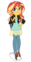 Size: 2000x4000 | Tagged: safe, artist:mlpfan3991, sunset shimmer, human, equestria girls, g4, backpack, clothes, converse, cute, denim, female, game stream outfit, jacket, jeans, pants, shimmerbetes, shoes, simple background, skirt, smiling, sneakers, solo, transparent background, walking