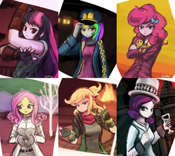 Size: 1426x1267 | Tagged: safe, artist:lumineko, applejack, fluttershy, pinkie pie, rainbow dash, rarity, twilight sparkle, human, equestria girls, g4, anime, battle tendency, caesar zeppeli, clothes, cosplay, costume, diamond is unbreakable, female, funny valentine, humanized, jojo's bizarre adventure, jonathan joestar, josuke higashikata, jotaro kujo, mane six, parody, phantom blood, stardust crusaders, steel ball run, william zeppeli