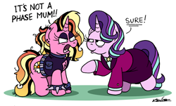 Size: 2460x1486 | Tagged: safe, artist:bobthedalek, luster dawn, starlight glimmer, pony, unicorn, g4, my little pony: friendship is magic, the parent map, angry, clothes, female, headmare starlight, here we go again, history repeats itself, horn, it runs in the family, it's a phase, it's not a phase, like mother like daughter, like parent like child, luster dawn is starlight's and sunburst's daughter, mama starlight, mother and child, mother and daughter, mothers gonna mother, older, older starlight glimmer, parent:starlight glimmer, parent:sunburst, parents:starburst, punk, punk dawn, runs in the family, smug