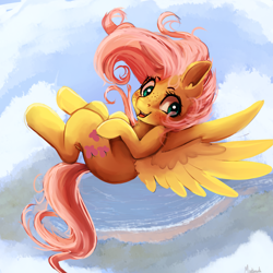 Size: 2449x2449 | Tagged: safe, artist:miokomata, fluttershy, pegasus, pony, g4, anatomically incorrect, cloud, cute, female, flying, freckles, incorrect leg anatomy, looking at you, looking sideways, mare, open mouth, shyabetes, sky, smiling, solo, spread wings, vertigo, wings