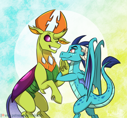 Size: 2048x1904 | Tagged: safe, artist:inuhoshi-to-darkpen, princess ember, thorax, changedling, changeling, dragon, g4, my little pony: friendship is magic, season 7, triple threat, changeling x dragon, compound eyes, female, friendshipping, interspecies, king thorax, male, nudity, one eye closed, sheath, ship:embrax, shipping, straight, wink