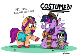 Size: 2346x1659 | Tagged: safe, artist:bobthedalek, spike, sunny starscout, twilight sparkle, alicorn, dragon, earth pony, pony, g4, g5, spoiler:g5, atg 2022, back to the future, bag, clock, clothes, crossover, doctor who, female, fourth doctor's scarf, male, mare, marty mcfly, newbie artist training grounds, saddle bag, scarf, striped scarf, sunglasses, sunny and her heroine, time travel, trio, twilight sparkle (alicorn), unshorn fetlocks