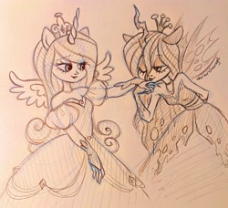 Size: 2813x2567 | Tagged: safe, artist:dariarchangel, princess cadance, queen chrysalis, human, g4, alicorn wings, clothes, crooked horn, crown, cute, cutealis, cutedance, dress, duo, duo female, eared humanization, female, flirting, floppy ears, gloves, gown, hand behind back, hand kiss, horn, horned humanization, humanized, infidelity, insect wings, jewelry, lesbian, lidded eyes, long hair, looking at each other, looking at someone, monochrome, necklace, one eye closed, pearl necklace, pen drawing, pen sketch, princess, puffy sleeves, queen, regalia, ship:cadalis, shipping, sketch, slender, smiling, smiling at each other, thin, torn clothes, torn hair, torn wings, traditional art, unicorn horn, winged humanization, wings