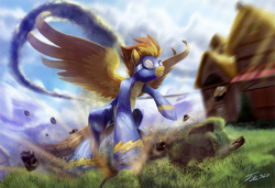 Size: 1500x1026 | Tagged: safe, artist:tsitra360, spitfire, pegasus, pony, g4, my little pony: friendship is magic, newbie dash, badass, clothes, crepuscular rays, epic, female, goggles, landing, mare, perspective, ponyville, scene interpretation, signature, solo, superhero landing, uniform, wonderbolts uniform