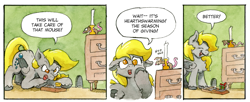 Size: 1267x517 | Tagged: safe, artist:lost marbles, derpy hooves, mouse, pegasus, pony, g4, ambiguous gender, candle, cheese, comic, comic strip, dialogue, dock, duo, eyes closed, female, food, furniture, hearth's warming, indoors, mare, mouse hole, mousetrap, nodding, open mouth, open smile, present, smiling, tail, traditional art, unshorn fetlocks, watercolor painting