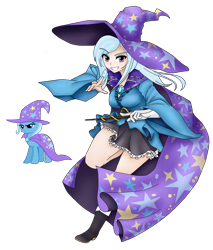 Size: 1700x2000 | Tagged: safe, artist:magico-enma, trixie, human, pony, unicorn, g4, cape, clothes, eyeshadow, female, hat, horn, human ponidox, humanized, light skin, looking at you, makeup, mare, self paradox, self ponidox, simple background, skirt, smiling, solo, transparent background, trixie's cape, trixie's hat, wand