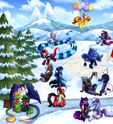 Size: 6674x7334 | Tagged: safe, artist:madelinne, oc, oc only, oc:dusk cello, oc:madelinne, oc:triksa, bat pony, lamia, original species, pony, balloon, clothes, cloud, mountain, outdoors, snow, snowball, snowball fight, socks, tree