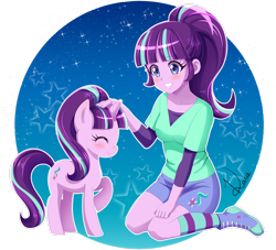 Size: 2568x2335 | Tagged: safe, artist:karis-coba, starlight glimmer, human, pony, equestria girls, g4, blushing, clothes, converse, cute, equestria girls-ified, eyes closed, female, glimmerbetes, grin, human ponidox, kneeling, mare, petting, ponytail, raised hoof, self paradox, self ponidox, shirt, shoes, simple background, sitting, skirt, smiling, sneakers, socks, sparkles, stars, striped socks, transparent background